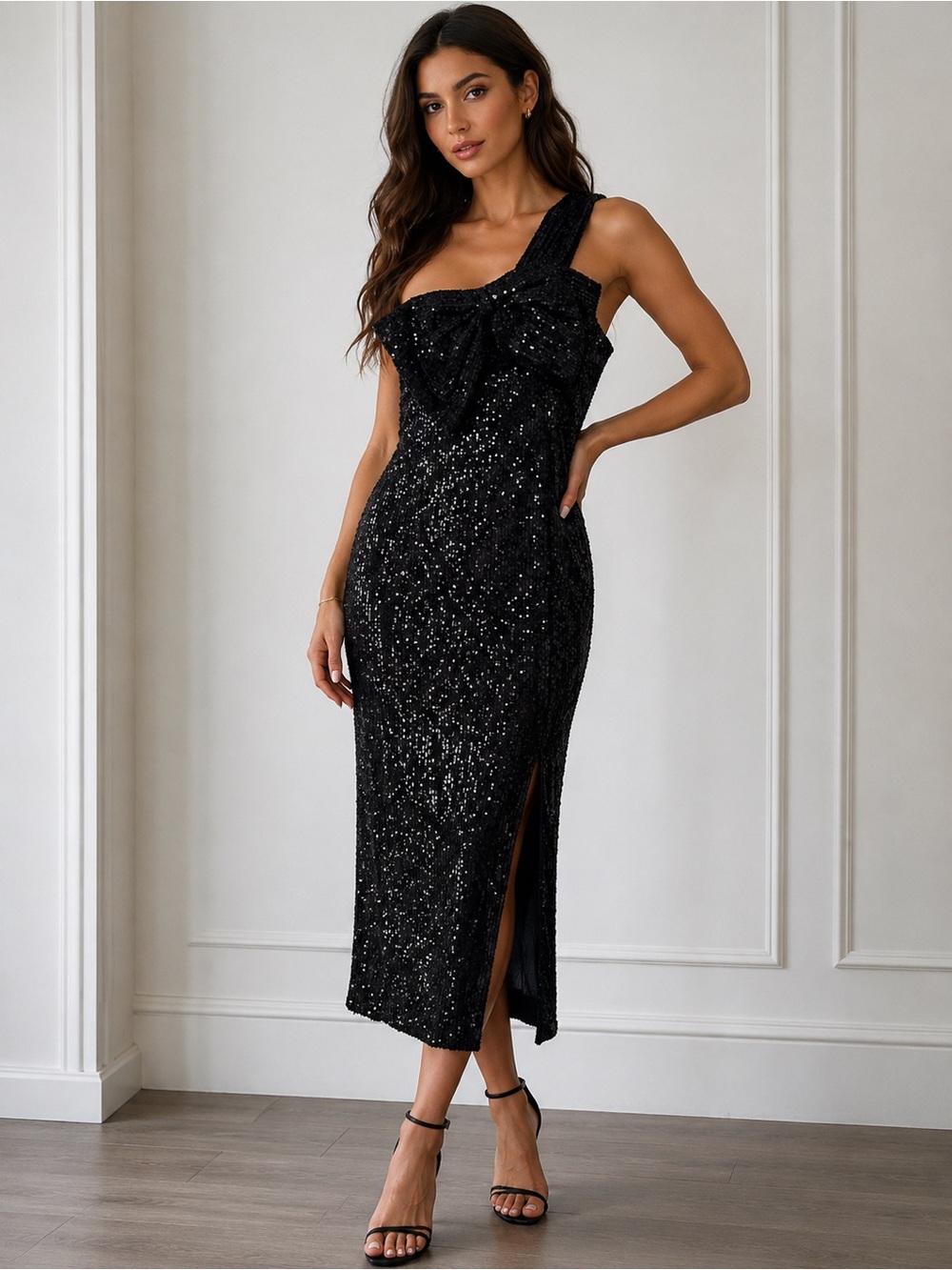 Mac Duggal Black Sequin One-Shoulder Midi Dress with Bow Detail